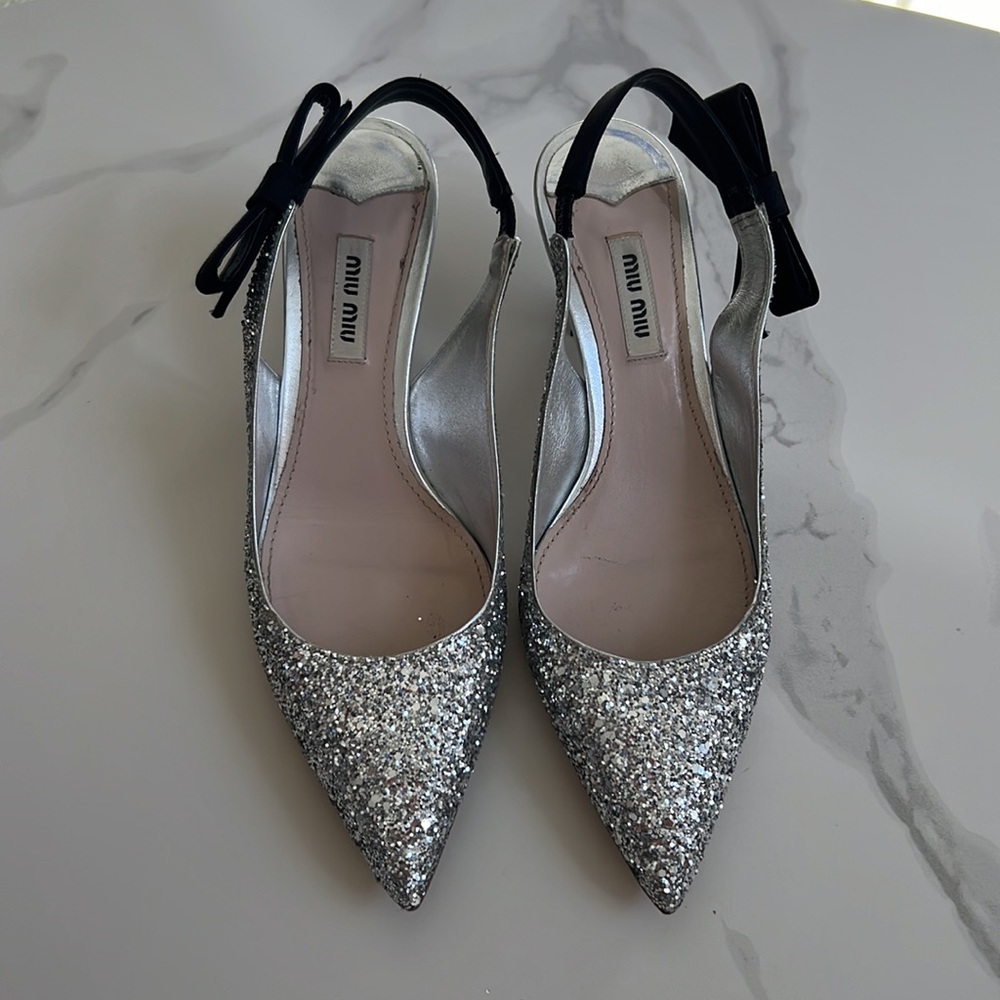 Miu Miu Glitter Slingback Kitten heels with a bow